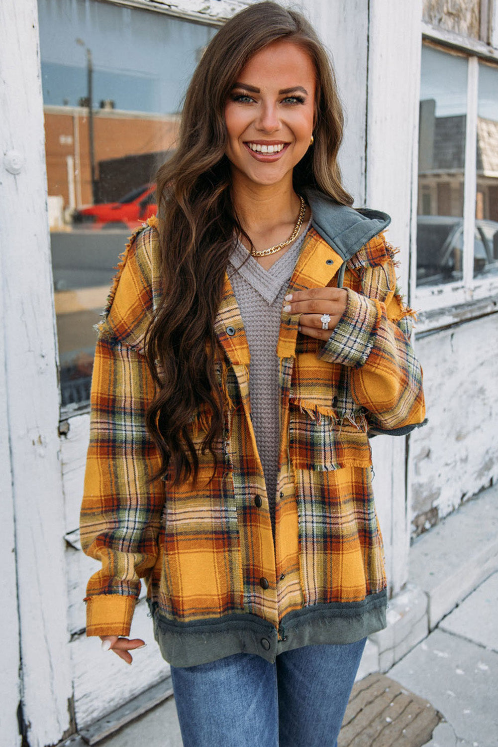 Orange Plaid Patchwork Frayed Trim Snap Button Hooded Jacket