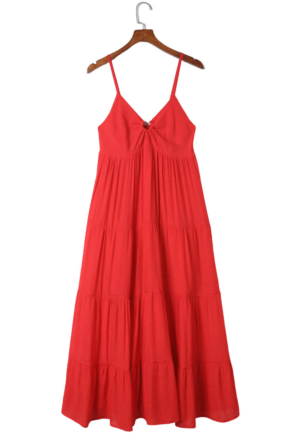 Red O-ring Smocked Back Spaghetti Straps Tiered Boho Dress