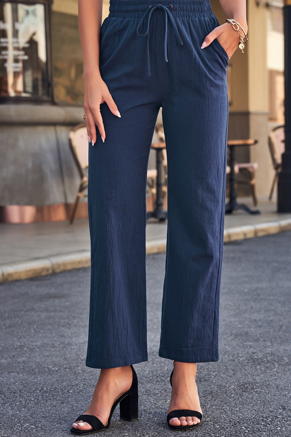 Dark Blue Pocket Drawstring Elastic Waist Straight Leg Pants