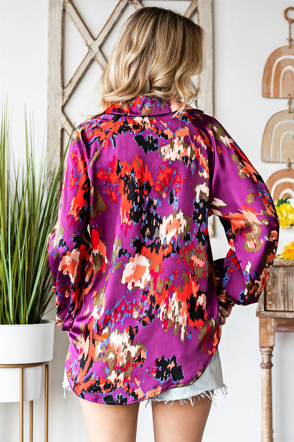 Green Graffiti Colorblock Casual V Neck Puff Sleeve Blouse