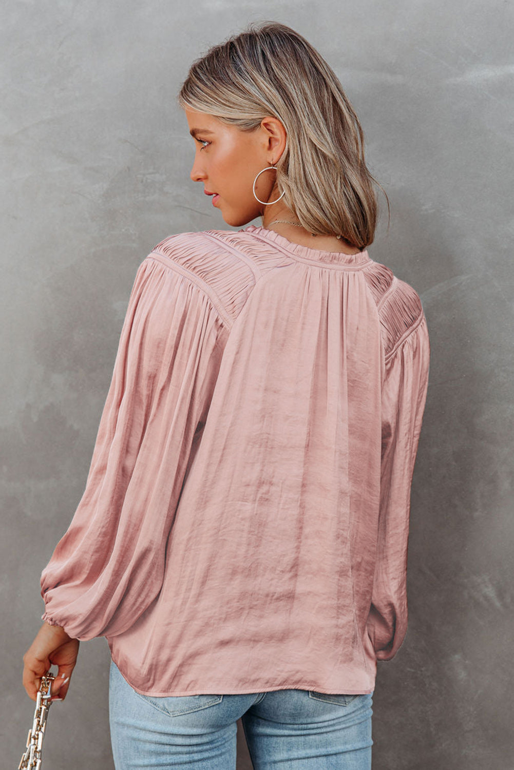 Black Pleated Balloon Sleeve Drawstring V-Neck Blouse