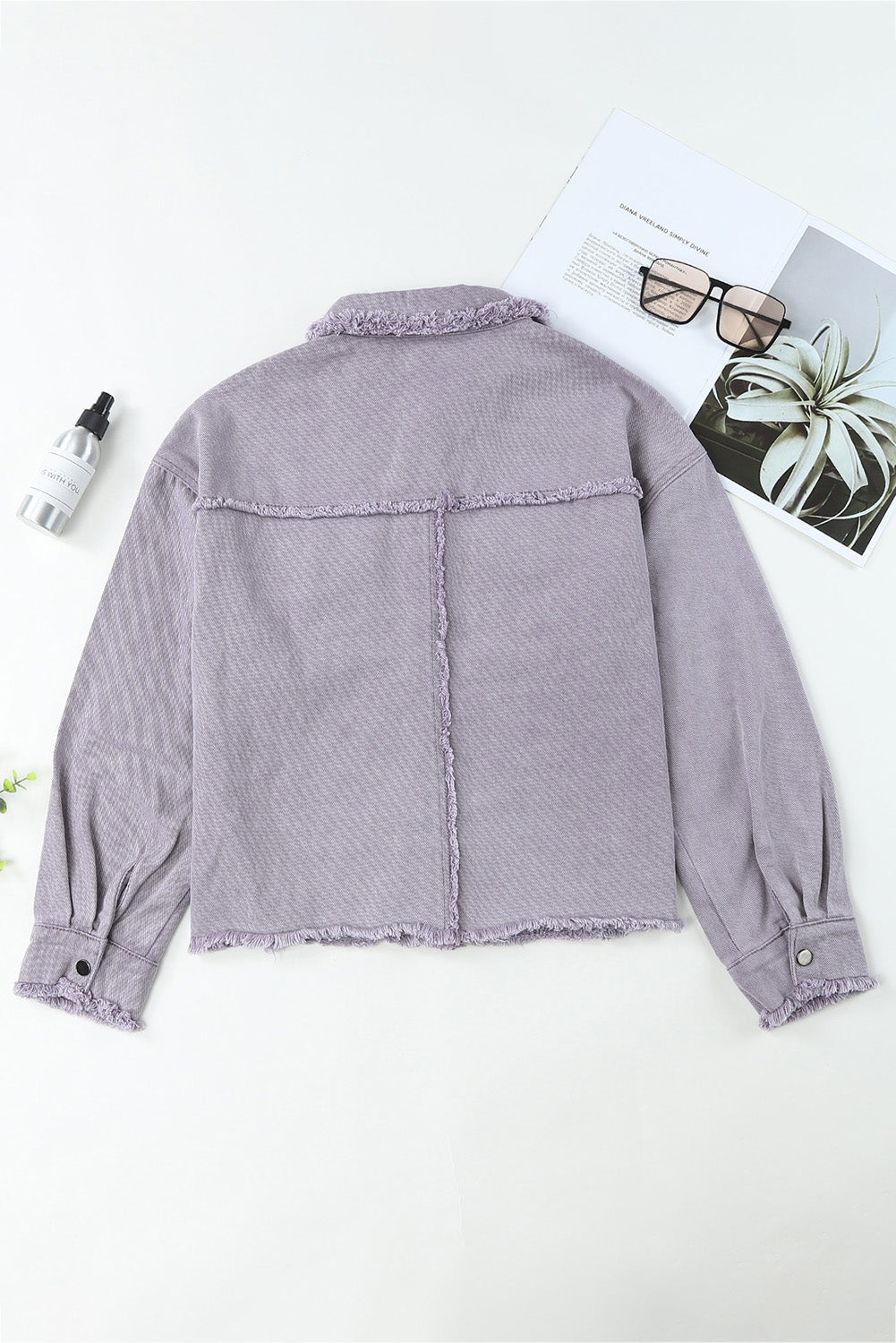Green Distressed Flap Pockets Frayed Hem Denim Jacket