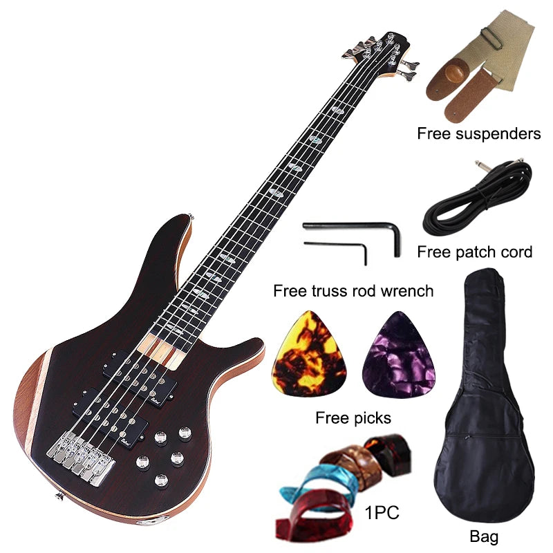 5 Strings Electric Bass Guitar 43inch Zebrawood Top Solid Okoume Wood Body Bass Guitar