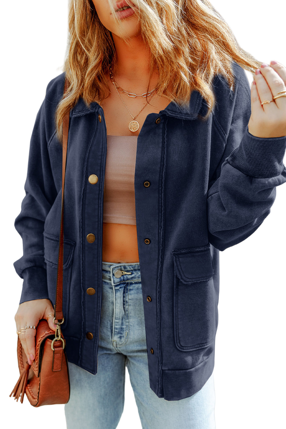 Gray Snap Button Casual Flap Pockets Washed Jacket