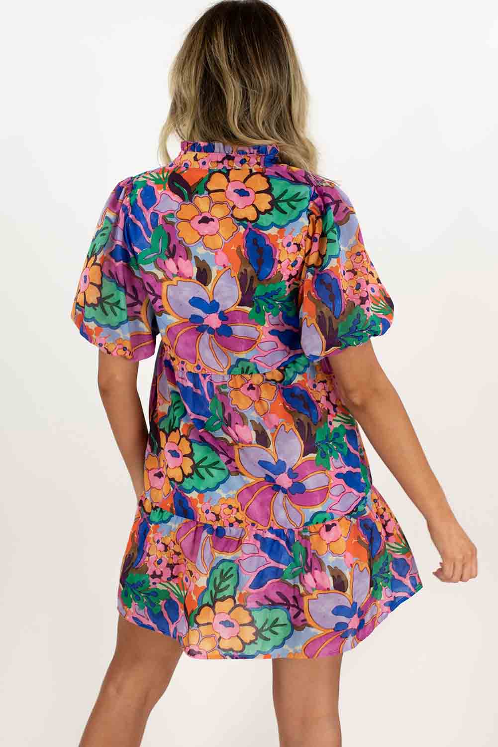 Multicolor Floral Puff Sleeve Notch V-Neck Ruffled Short Dress