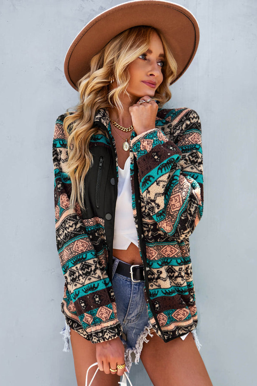 Pink Geometric Colorblock Snap Button Sherpa Jacket