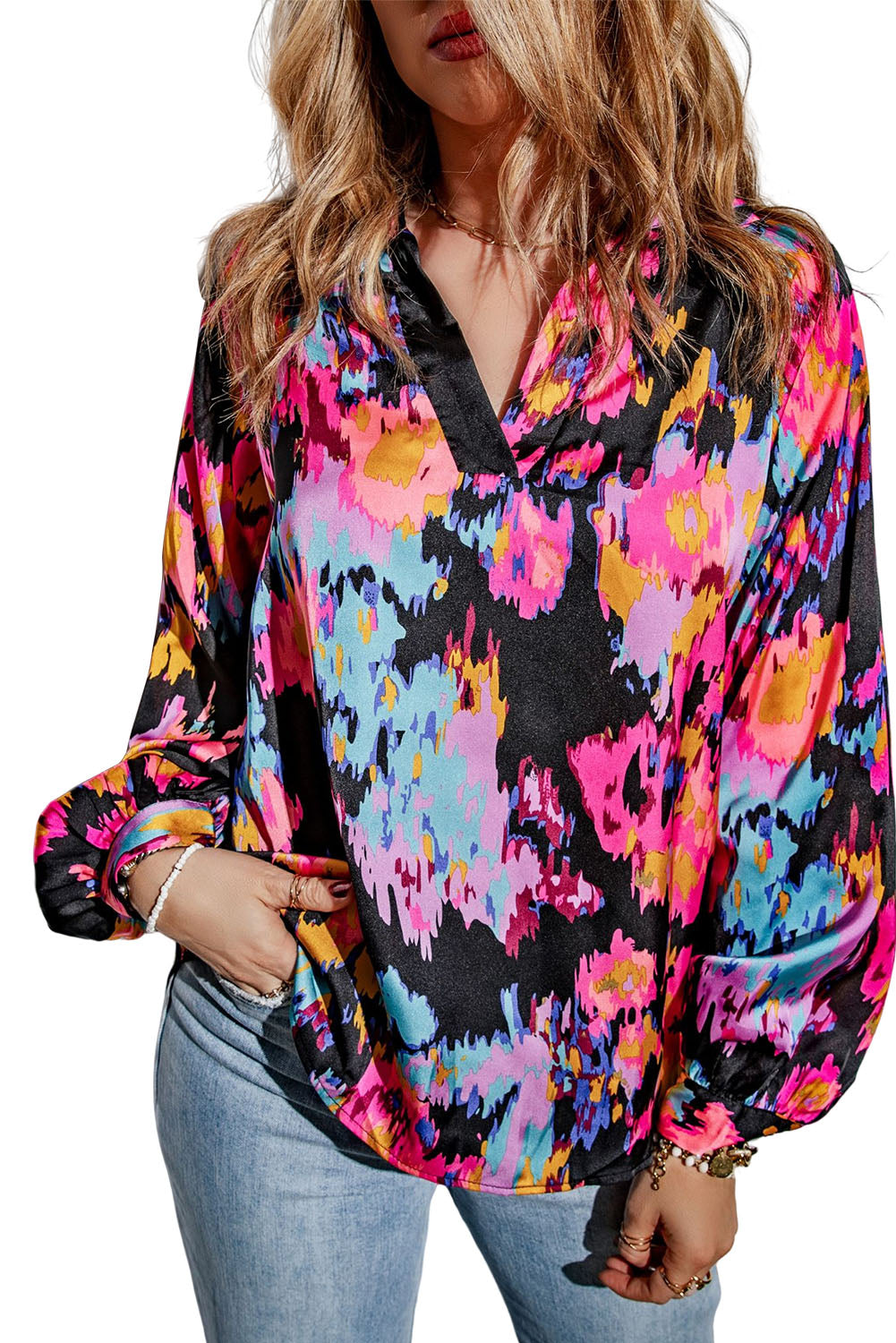 Green Graffiti Colorblock Casual V Neck Puff Sleeve Blouse