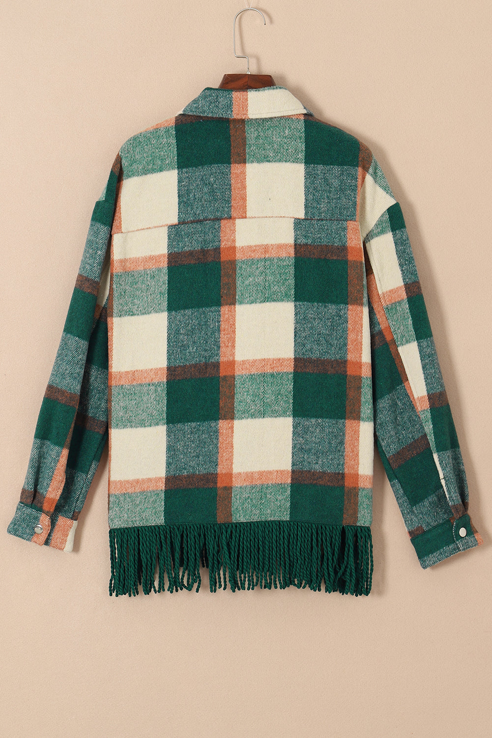 Black Plaid Snap Button Pocket Fringed Hem Shacket