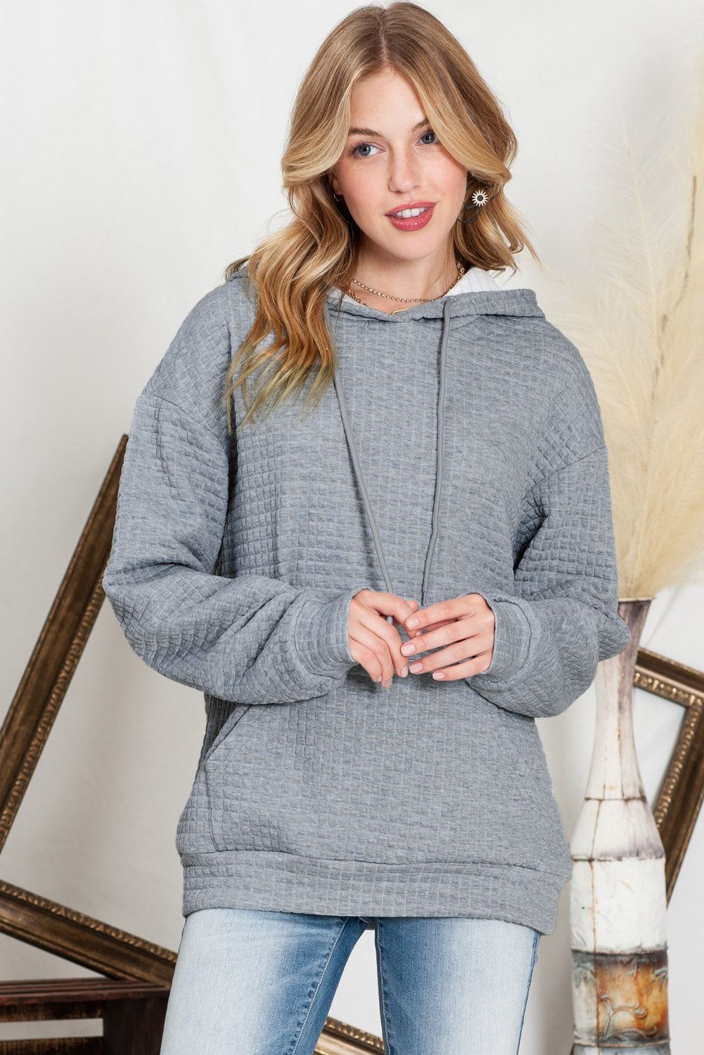 Khaki Lattice Textured Kangaroo Pocket Drawstring Hoodie
