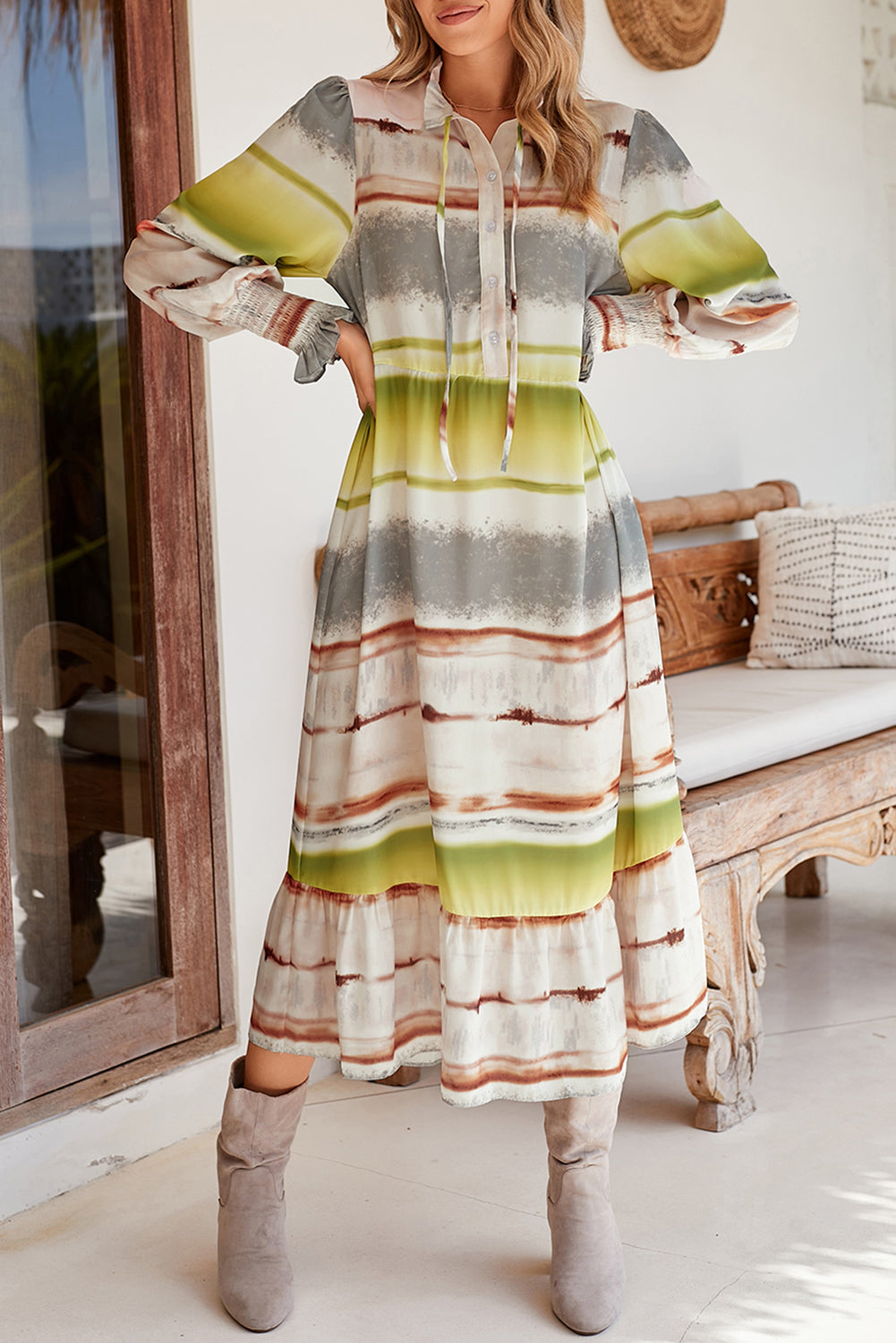 Multicolor Lace Up Tie-dye Print Long Shirt Dress