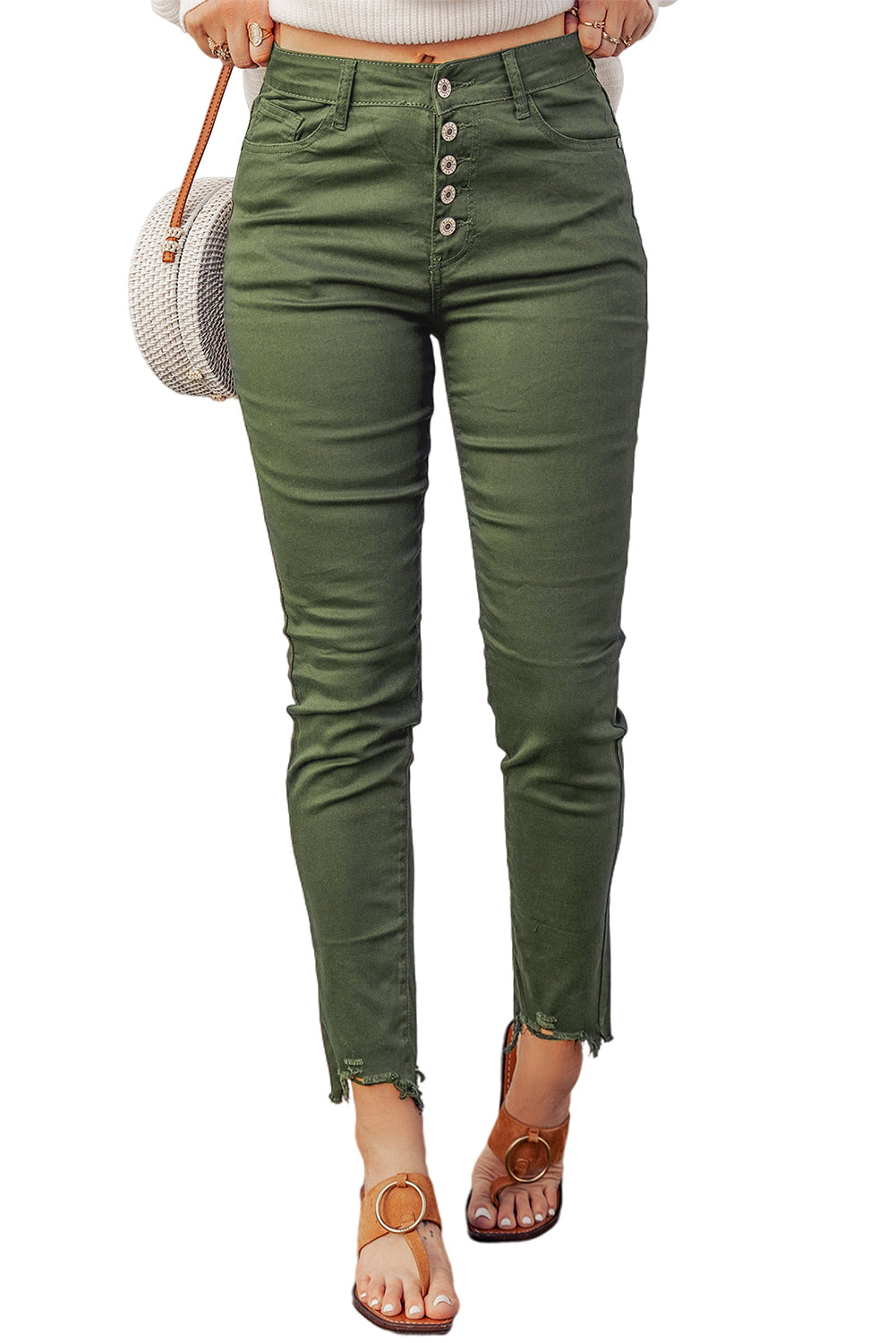 White Plain Buttons Frayed Raw Hem High Waist Denim Jeans