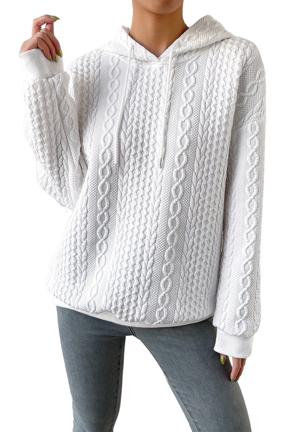 Gray Cable Textured Casual Drawstring Hoodie