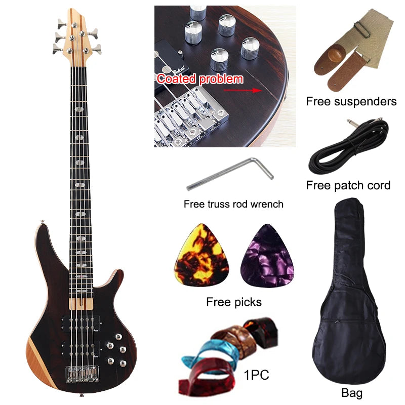 5 Strings Electric Bass Guitar 43inch Zebrawood Top Solid Okoume Wood Body Bass Guitar