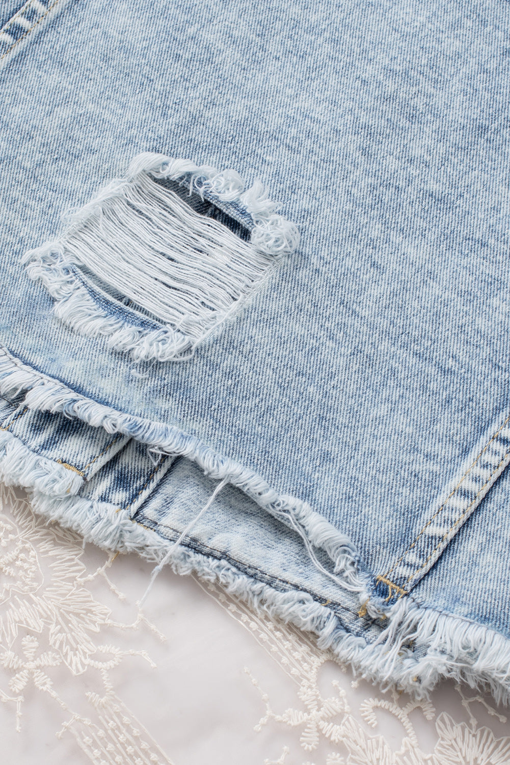 Black Casual Distressed Raw Hem Buttons Denim Jacket