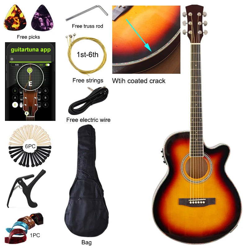40" Beginner's Thin Body Acoustic Electric Guitar Kit with Accessories - Various Colours