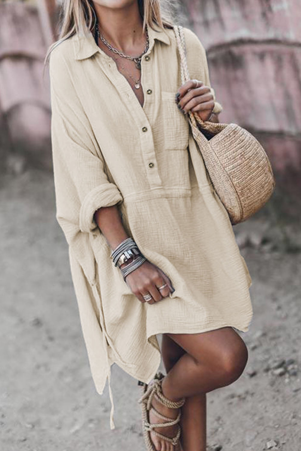 Beige Cotton Solid Color Buttoned Closure Long Sleeve Casual Dress