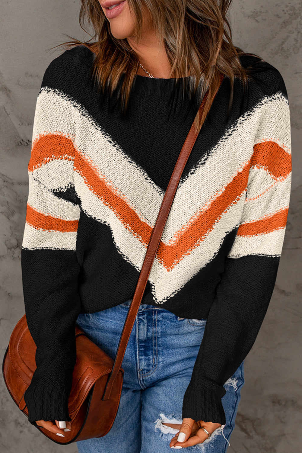 Chevron Striped Drop Shoulder Long Sleeve Pullover Sweater