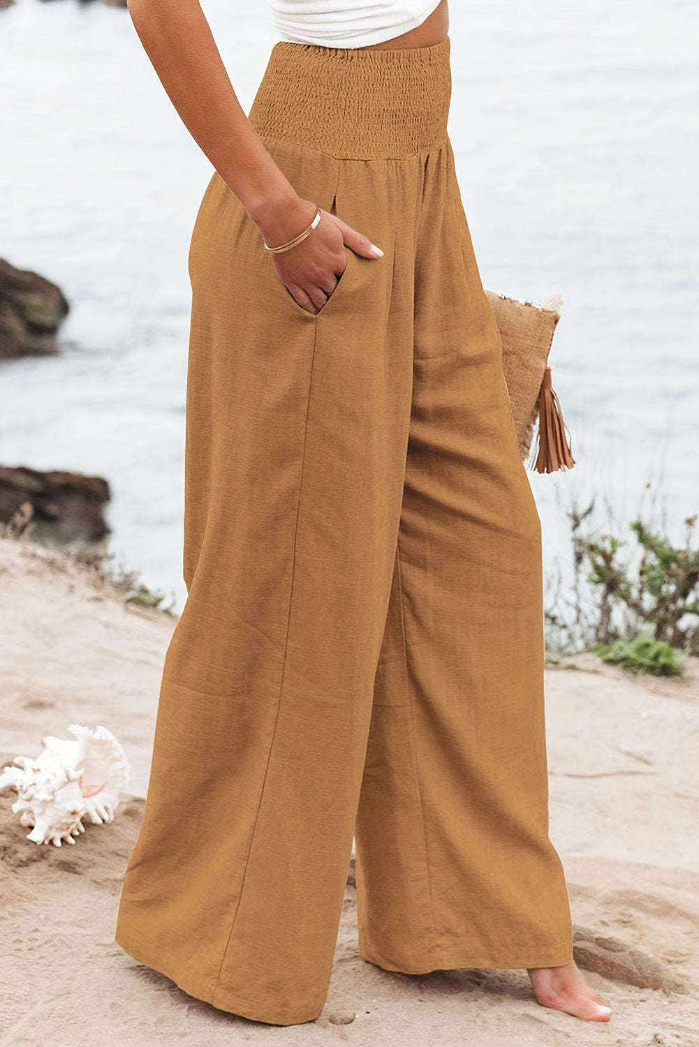 Brown Smocked Wide Waistband High Waist Wide Leg Pants
