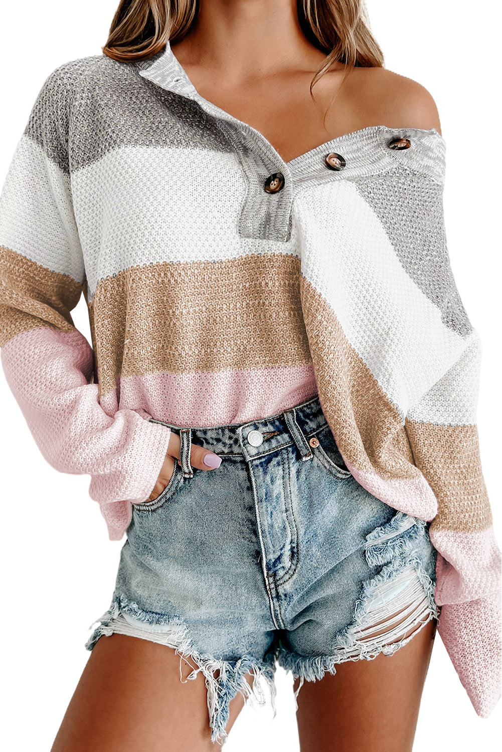 Multicolour Loose Colorblock Knitted Henley Sweater