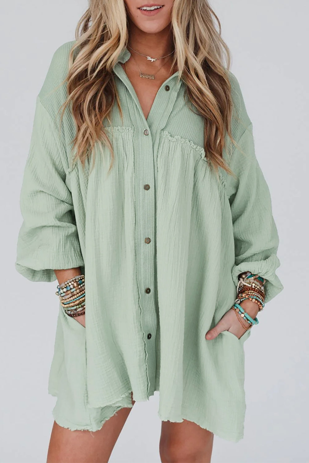 Pink Ribbed Crinkle Patchwork Puff Sleeve Raw Hem Shirt Dress