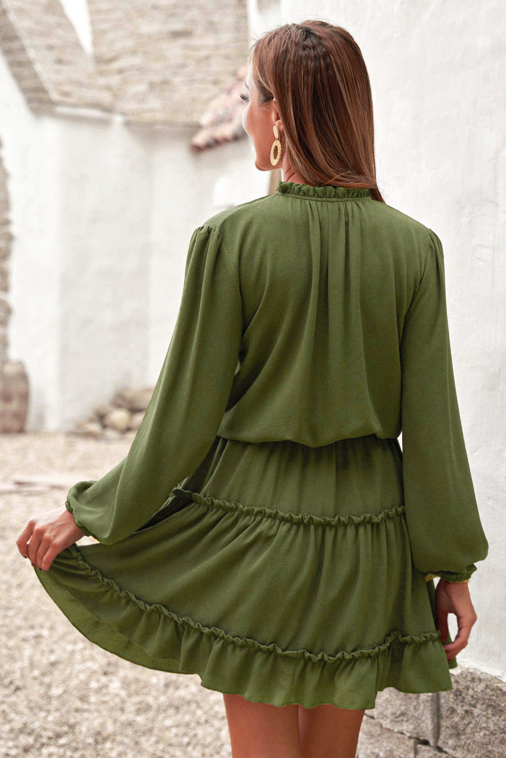 Olive Green Casual Lantern Sleeve V Neck Short Tiered Dress