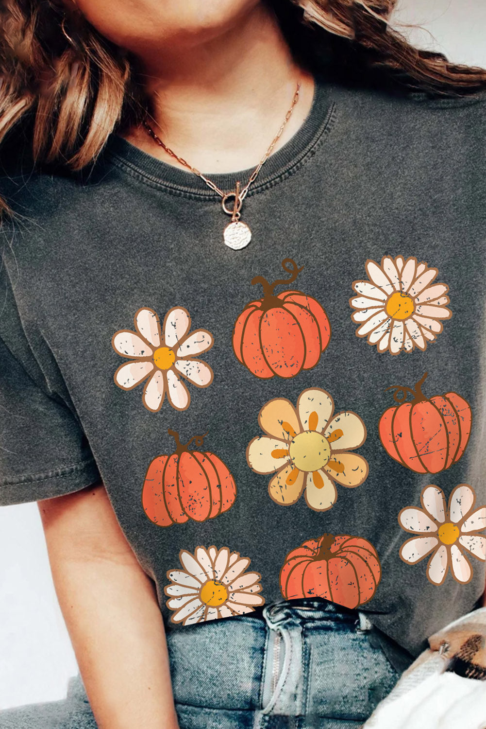 Black Pumpkin Floret Graphic Vintage Washed T-shirt
