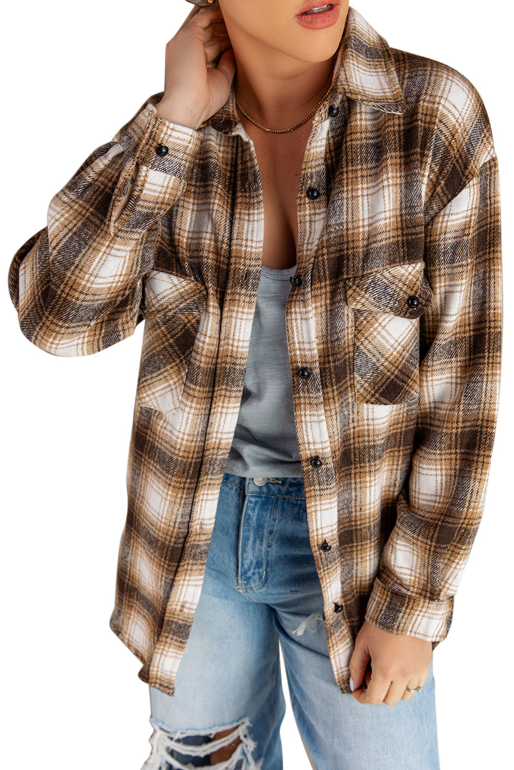 Black Button Up Collared Plaid Shacket