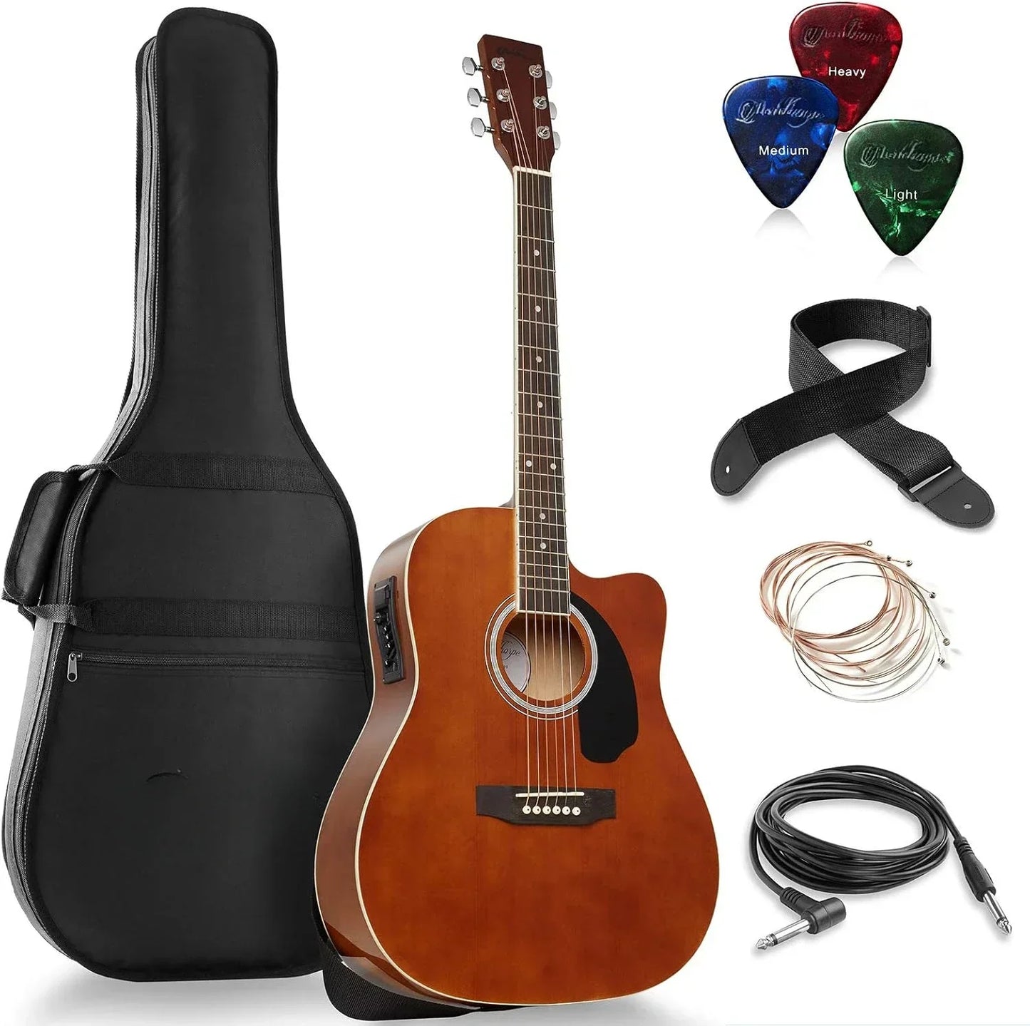 Ashthorpe Full-Size Dreadnought Cutaway Acoustic Electric Bundle - Premium Tone woods - Natural Guitar