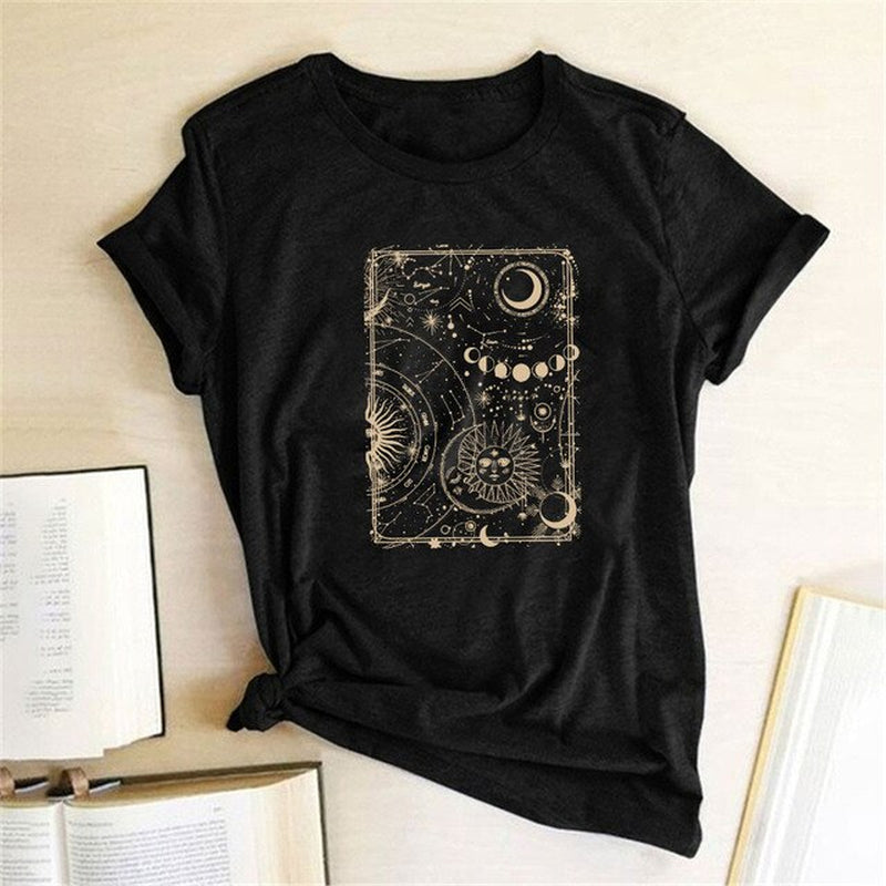 Moon and Sun Print Vintage Women T Shirt Aesthetic round Neck Loose Summer Tshirt Casual Graphic Tees Tops Woman Ropa Mujer