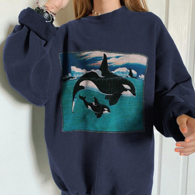HipHop High Street Women Ocean Animal Whale Hoodies Print Hoodies Sweatshirts Autumn Long Sleeve K Tops Ladies New Harajuku -2