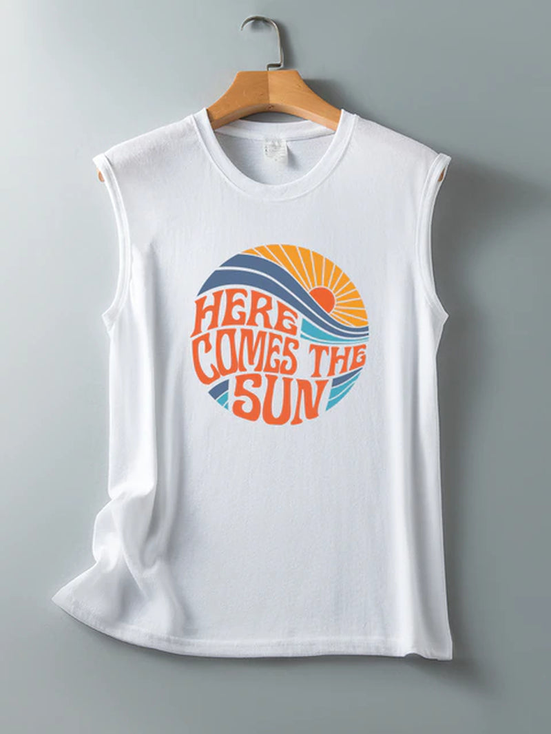 Here Comes the Sun Printed Funny Women T Shirt Sleeveless round Neck Summer T Shirt Femme Clothes Vintage Graphic Tees Tops 2022