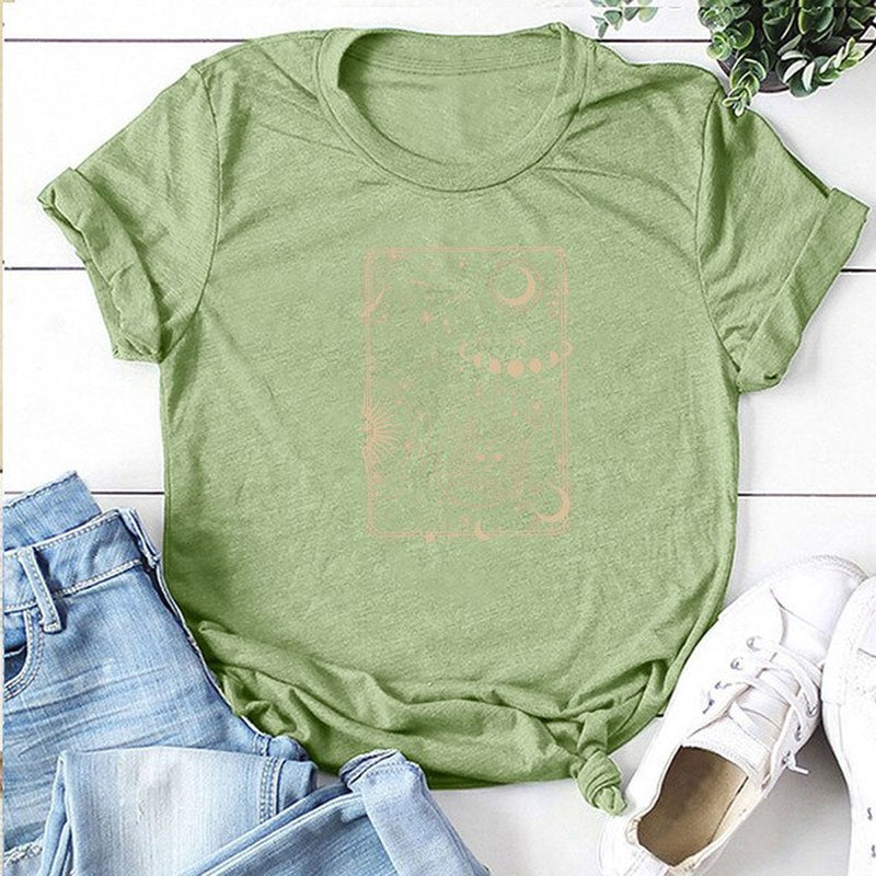 Moon and Sun Print Vintage Women T Shirt Aesthetic round Neck Loose Summer Tshirt Casual Graphic Tees Tops Woman Ropa Mujer