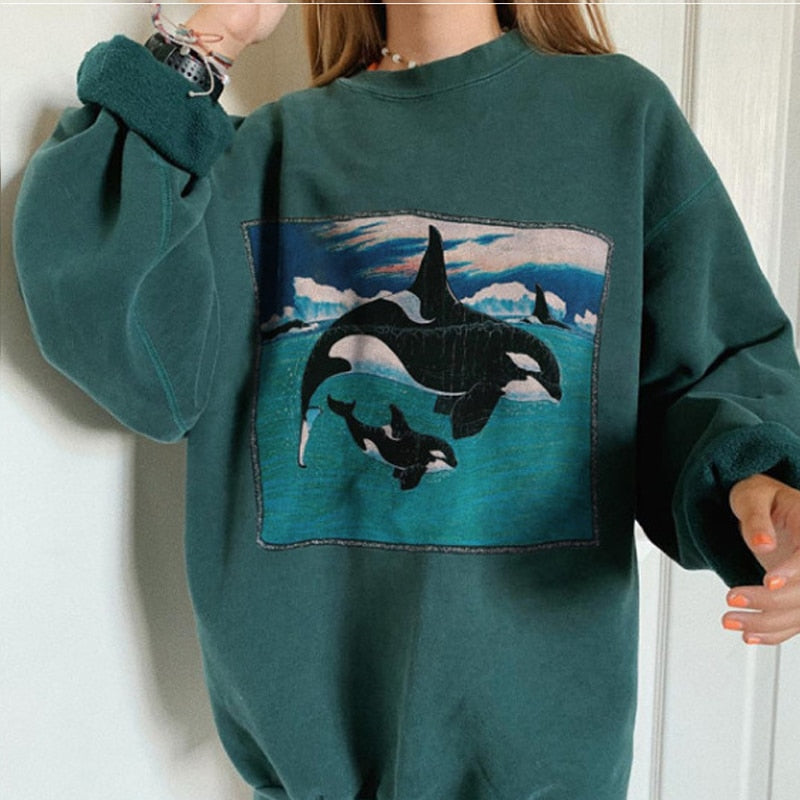 HipHop High Street Women Ocean Animal Whale Hoodies Print Hoodies Sweatshirts Autumn Long Sleeve K Tops Ladies New Harajuku -2