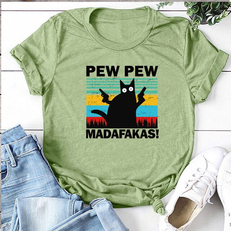 Pew Pew Madafakas Print T-Shirts Women Summer 2020 Graphic Tees Funny Shirts for Woman Tshirts Loose Crew Neck Harajuku Tops