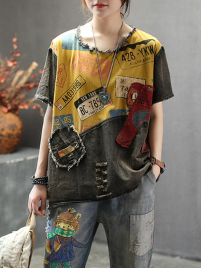 Max Lulu 2022 New Summer European Fashion Style Ladies Vintage Tee Shirts Women Denim Patchwork Ripped Tshirts Casual Streetwear