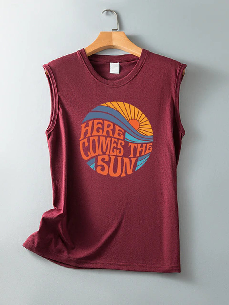Here Comes the Sun Printed Funny Women T Shirt Sleeveless round Neck Summer T Shirt Femme Clothes Vintage Graphic Tees Tops 2022