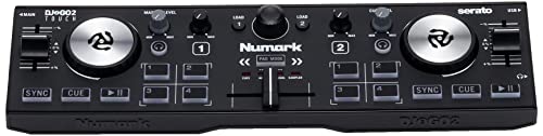 Numark DJ2GO2 Touch – Compact 2 Deck USB DJ Controller For Serato DJ with a Mixer / Crossfader, Audio Interface and Touch Capacitive Jog Wheels