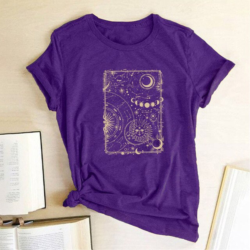 Moon and Sun Print Vintage Women T Shirt Aesthetic round Neck Loose Summer Tshirt Casual Graphic Tees Tops Woman Ropa Mujer