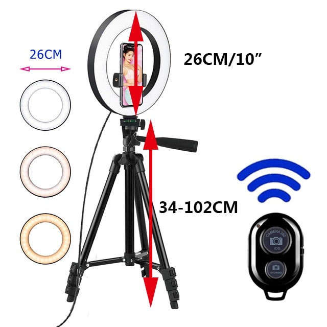 26cm Led Selfie Ring Light Bluetooth Remote Lamp Photography Tripod Holder