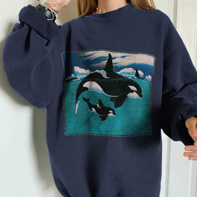 HipHop High Street Women Ocean Animal Whale Hoodies Print Hoodies Sweatshirts Autumn Long Sleeve K Tops Ladies New Harajuku -2