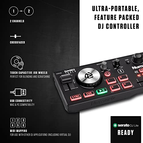 Numark DJ2GO2 Touch – Compact 2 Deck USB DJ Controller For Serato DJ with a Mixer / Crossfader, Audio Interface and Touch Capacitive Jog Wheels