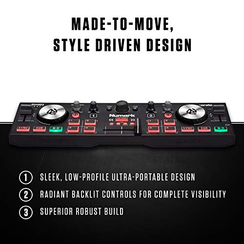 Numark DJ2GO2 Touch – Compact 2 Deck USB DJ Controller For Serato DJ with a Mixer / Crossfader, Audio Interface and Touch Capacitive Jog Wheels