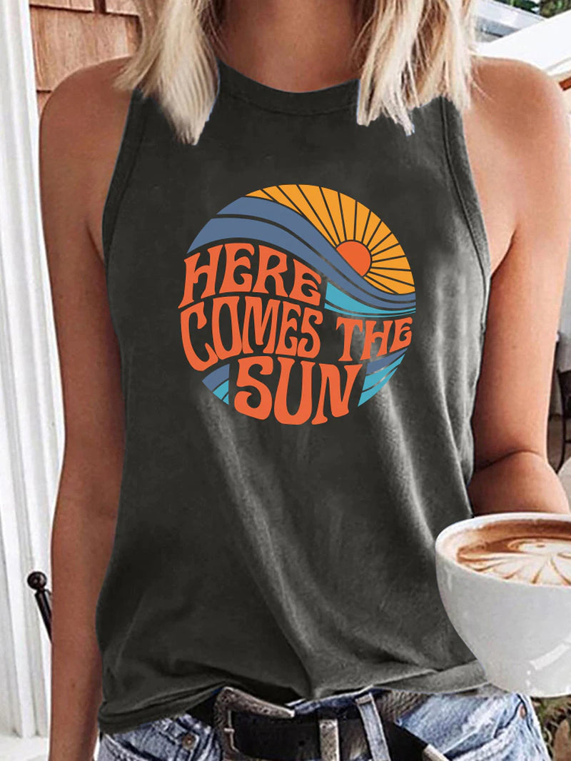 Here Comes the Sun Printed Funny Women T Shirt Sleeveless round Neck Summer T Shirt Femme Clothes Vintage Graphic Tees Tops 2022