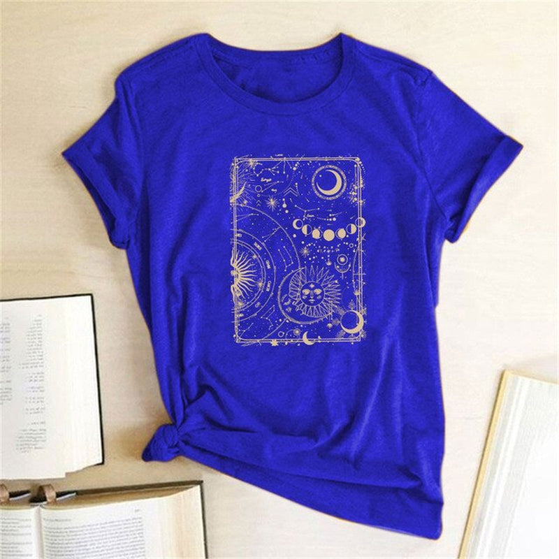 Moon and Sun Print Vintage Women T Shirt Aesthetic round Neck Loose Summer Tshirt Casual Graphic Tees Tops Woman Ropa Mujer