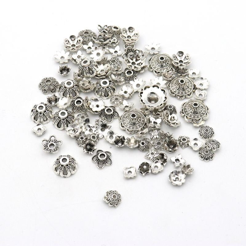 Mixed Tibetan Antique Silver Color Flower Bead End Caps (150pcs)
