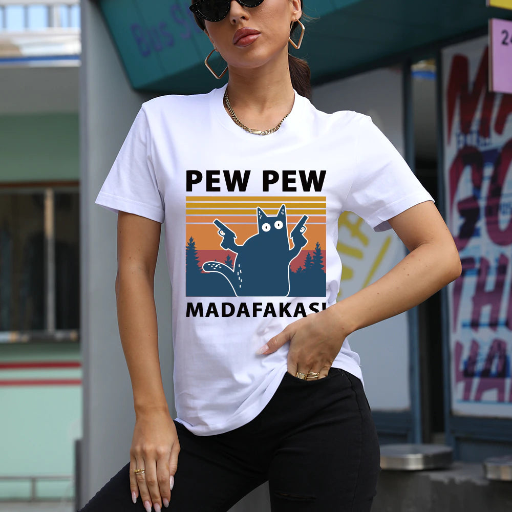Pew Pew Madafakas Print T-Shirts Women Summer 2020 Graphic Tees Funny Shirts for Woman Tshirts Loose Crew Neck Harajuku Tops