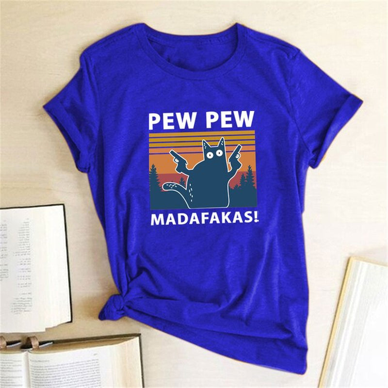 Pew Pew Madafakas Print T-Shirts Women Summer 2020 Graphic Tees Funny Shirts for Woman Tshirts Loose Crew Neck Harajuku Tops