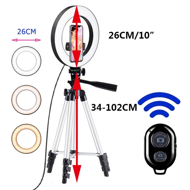 26cm Led Selfie Ring Light Bluetooth Remote Lamp Photography Tripod Holder