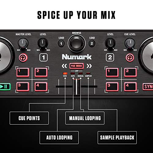 Numark DJ2GO2 Touch – Compact 2 Deck USB DJ Controller For Serato DJ with a Mixer / Crossfader, Audio Interface and Touch Capacitive Jog Wheels