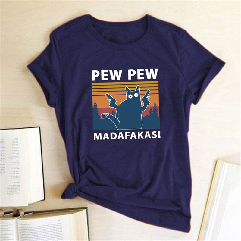 Pew Pew Madafakas Print T-Shirts Women Summer 2020 Graphic Tees Funny Shirts for Woman Tshirts Loose Crew Neck Harajuku Tops
